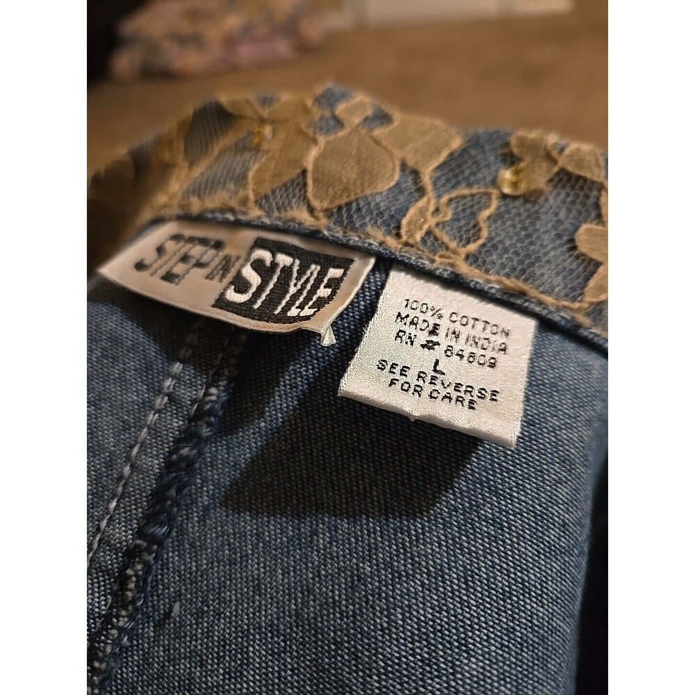 Step In Style Y2K Unique Denim Lace Studded  Rhinestone Jean Jacket Size Large - Picture 16 of 16